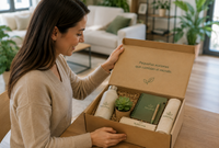 Cliente abriendo un set ecológico personalizado con packaging reciclado