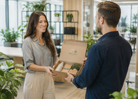Empleado recibiendo un set ecológico personalizado para empresa