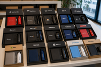 Varios kits terminados perfectamente alineados, preparados para su envío, con diferentes logotipos de empresas.