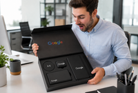 Cliente abriendo un pack tecnológico personalizado con productos electrónicos.