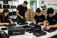 Equipo preparando packs tecnológicos personalizados con control de calidad