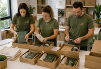 Equipo preparando sets ecológicos personalizados con control de calidad