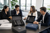 Reunión de empresa con sets premium personalizados preparados para directivos y clientes VIP.